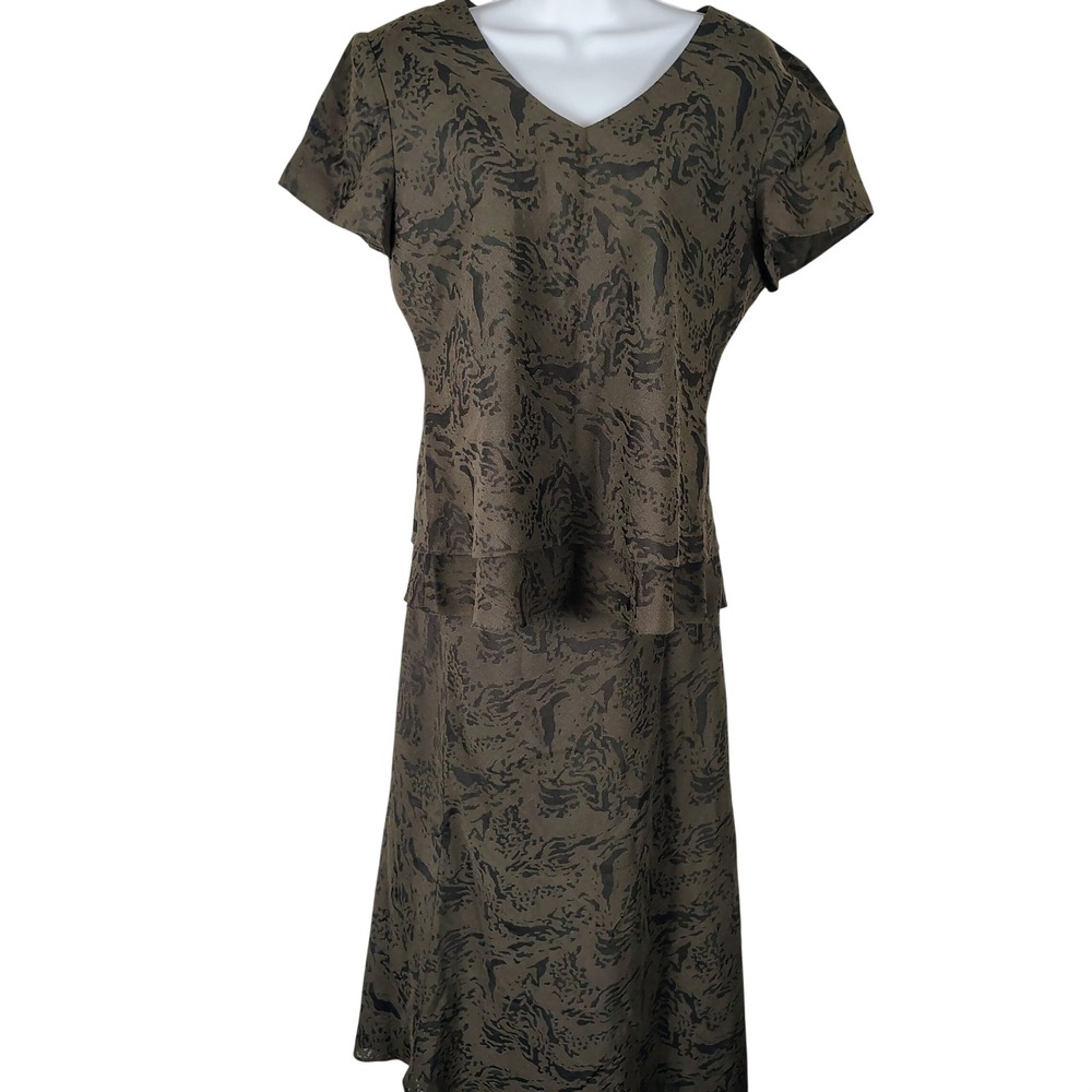 Kari's Korner Womens 2 Piece Skirt Set Olive Green Abstract Print Size 12 office